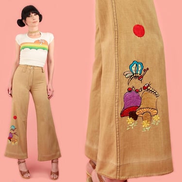 ViNtAgE 70's Magical Mushroom Embroidered Bell Bottoms Butterly Daisy Floral High Waisted 1970's Bell Bottom Pants flower power hippie sz 25 