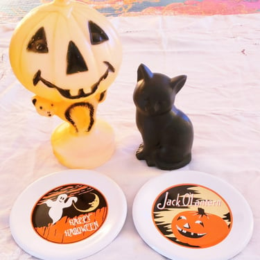 Vintage Set of Halloween Decorations Black Cat Pumpkin Blow Mold Jack O Lantern and Ghosts Pottery Barn candy dish 