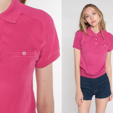 Hot Pink Polo Shirt 80s Cropped Shirt Short Sleeve Button Up Crop Top Retro Preppy Fuchsia Banded Hem Pocket Hipster Vintage 1980s Small S 