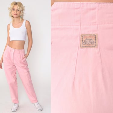 90s Pink Pleated Trousers High Waisted Pants 1990s Tapered Straight Leg Vintage Summer Cotton Small 4 