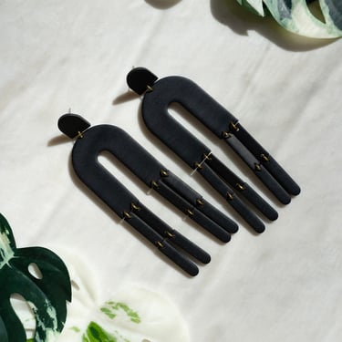 FRINGE in black |  Polymer Clay Large Statement Earrings, Dangle and drop, Modern Minimalist, Contemporary, Hypoallergenic Posts 