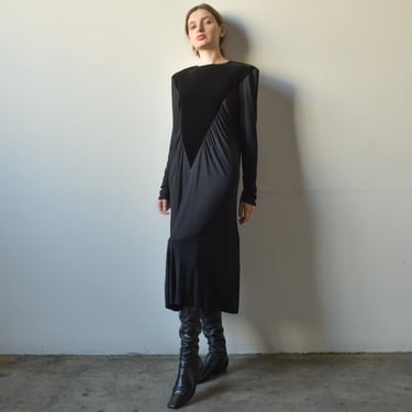 869d / black silk velvet jersey draped dress 