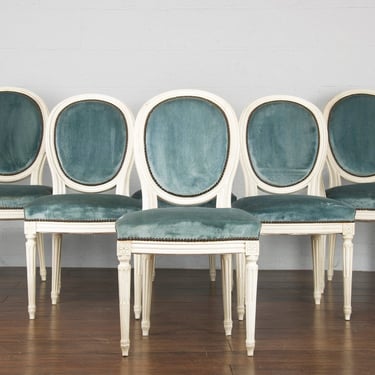 Antique French Louis Xvi Style Provincial Painted Dining Chairs W/ Blue Mohair Fabric - Set of 6 