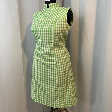 1960s Vintage Gingham Green a line day dress Liberty Circle L 