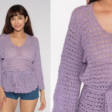 70s Crochet Sweater Sheer Lavender Purple Bohemian Belted Scoop Neck Boho Vintage Cut Out Open Weave 1970s Vtg Hippie Pullover Medium 