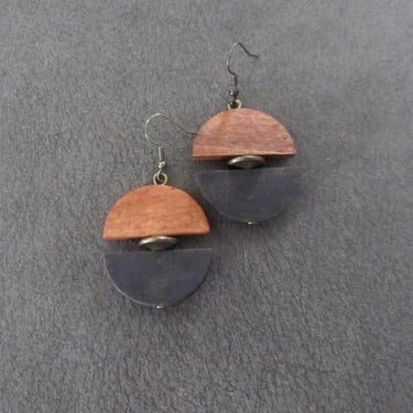 Two toned brown wood dangle earrings, geometric earrings, Afrocentric jewelry, African earrings, mid century modern earrings 2 