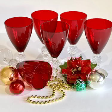 Vintage Morgantown Ruby Red Goblets, Golf Ball Stem, Set of 6 