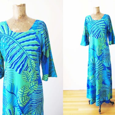 Vintage 70s Hawaiian Bark Cloth Mumu Dress M - 1970s Blue Green Long Tropical Jungle Monstera Leaf Print Maxi Kaftan Dress 