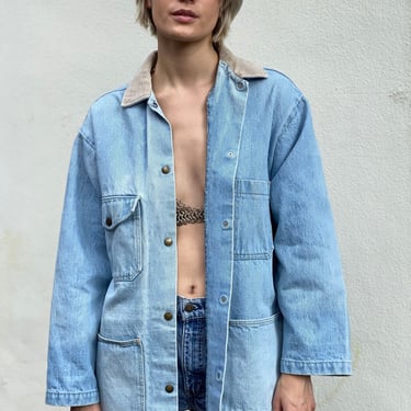 90's Denim Jacket / Vintage 80's Jean Jacket / Oversized Lightwash Denim Jacket / Corduroy Collar Jean Jacket 