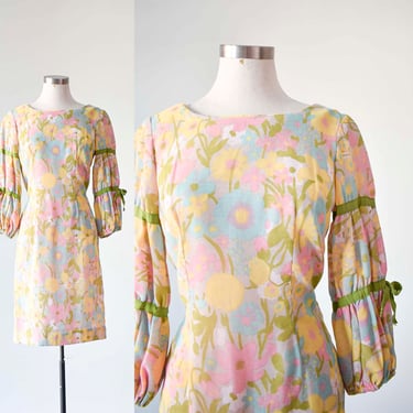 Vintage 1960s Floral Dress / 60s Pastel Floral Dress / 60s Party Dress / Poet Sleeve Dress Small / 1960s Flower Power Dress Small 