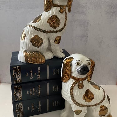 Authentic Pair Antique Staffordware Dogs Copper Lustre Spaniels 
