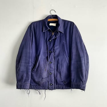 Vintage 50s Korean War Era Blue N-4 Working Deck Jacket Zip Up Buttons Faded Distressed Size L 