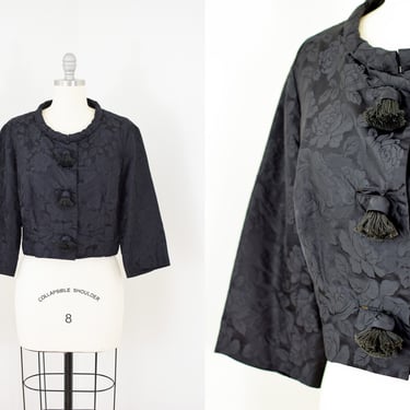 Vintage 1960s Silk Jacquard Jacket with Tassels | S-M | 1950s-60s Black Silk Cropped Jacket 