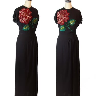 1940's Dress ~ Red Rose Sequin Black Rayon Evening Gown 