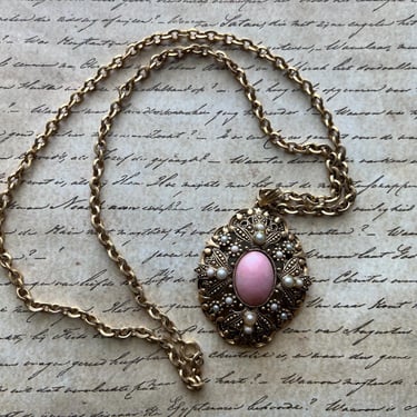 pink victorian pendant necklace Avon pink pearl cameo and chain 