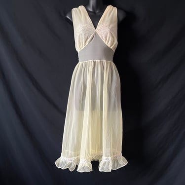vintage yellow lace nightgown 1950s san souci sexy sheer goddess nylon gown 34 