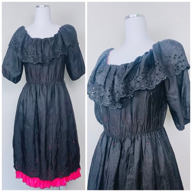 1980s Vintage Black Acetate Ruffled Collar Fit and Flare Dress / 80s Eyelet Embroidered Off Shoulder Hot Pink Ruffle Dress / Small 