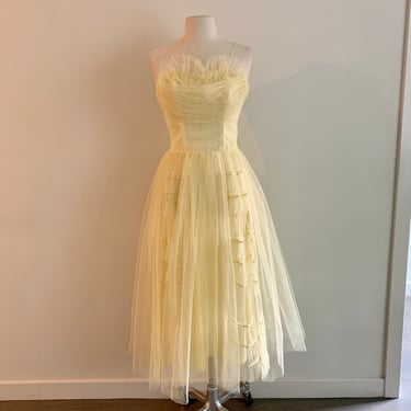 Spectacular vintage 1950s pale yellow tulle prom dress-size XS/S 