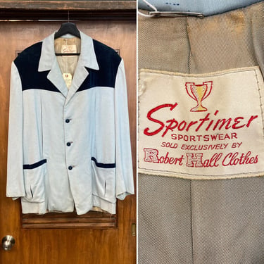 Vintage 1950’s Size XL “Sportimer” Two-Tone Fleck Design x Velvet Detail Gabardine Hollywood Leisure Jacket, 50’s Vintage Clothing 