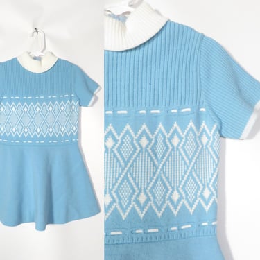 Vintage 60s Mod Kids Pastel Blue Sweater Dress Size 5 