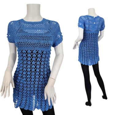 1960's Blue Acrylic Crocheted Short Mini Dress I Sz Sm 