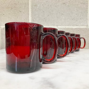 Vintage Mug Set Retro 1980s Contemporary + Arcoroc + Ruby Red + Clear Glass + Set of 6 + Drinkware + Coffee Cups + Home and Kitchen Decor 