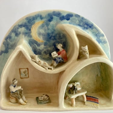 Good Night, Cat | Miniature Ceramic House | Handmade Storybook Diorama | Still Life Vignette | Small Doll House for Adults 