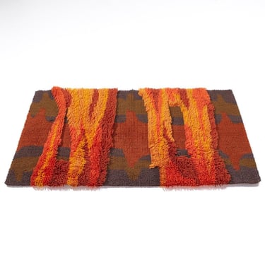 Mid Century Scandinavian High Pile Red and Orange Rya Rug - mcm 