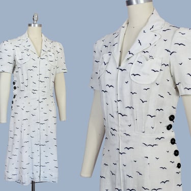 1930s Dress / 30s Linen Sportswear Dress / Embroidered SEAGULLS / Flying BIRDS/ Side Buttons / Pockets 