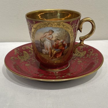 Antique 1900s Royal Vienna style hand painted cup & saucer signed Raised Gold Accents, tea lover gifts, 