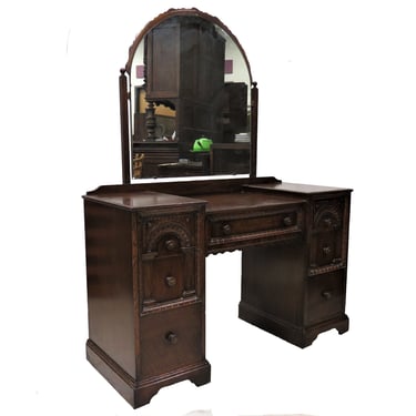 Makeup Vanity Table | English Cathedral Carved Vanity or Dressing Chest With Tilting Mirror 