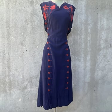 Vintage 1930s Blue & Red Cotton Floral Appliqué Dress Buttons All The Way