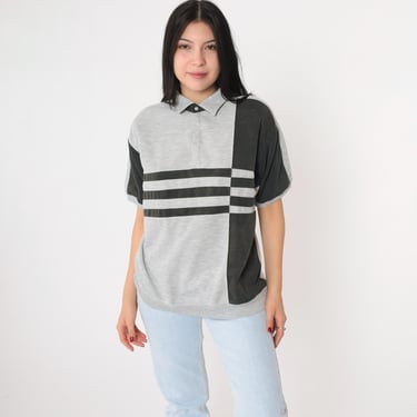 90s Striped Polo Shirt Grey Black Collared Shirt Retro Slouchy Short Sleeve Banded Hem Top Casual Preppy 1990s Vintage Medium 