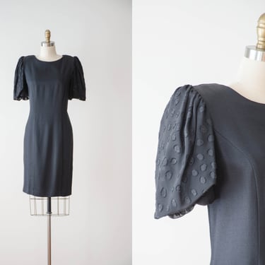 puff sleeve dress | 80s 90s vintage minimal black polka dot chiffon short sleeve pencil wiggle dress 