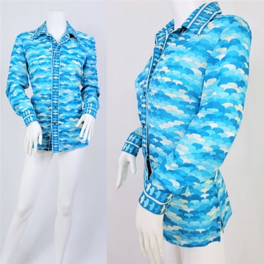 Alex Coleman Blue Fish Scale 1970's Pole Blouse I Shirt I Top I Sz Med 