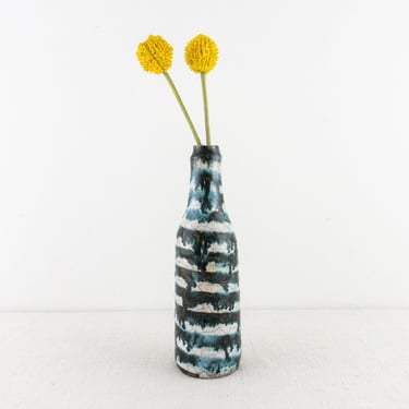 Vintage Clay Bottle White with Blue Drip Glaze, Single Stem Flower Vase, Short Bud Vase 