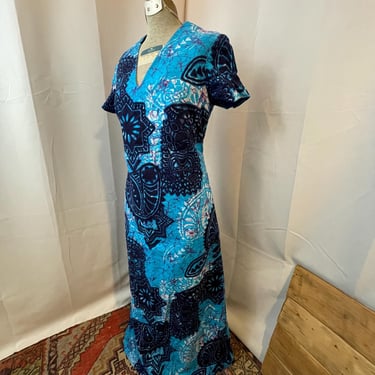 Blue Hawaiian Maxi Dress Muu Muu Hawaii 1960s Vintage Barkcloth Tiki S 