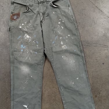 33x28 90s Painters Pants Geen Cargo Wranger Riggs Straight Paint Splattered Cotton Workwear Green Wash Tapered Well-Worn Painter 1990s 