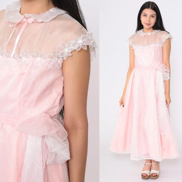 70s Organza Prom Dress Baby Pink Ruffled Peter Pan Collar Dress Pastel Retro Formal Party High Waisted Illusion Neckline Vintage 1970s small 