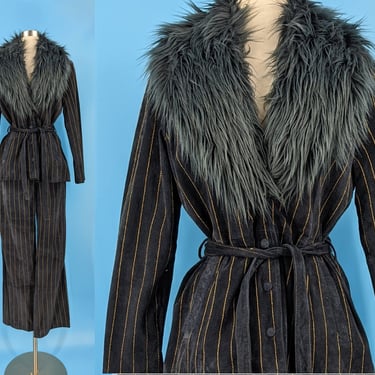 Y2K Wilsons Leather Blue Suede Leather Gold Pinstripe Suit -  Medium Faux Fluffy Fur Collar Jacket and Pants Set - Maximalist Style 