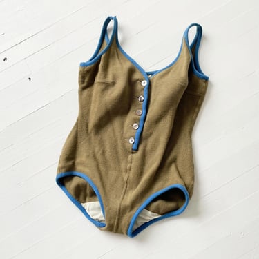 1950s Rudi Gernreich Olive Green Wool Button Down Swimsuit with Blue Trim 