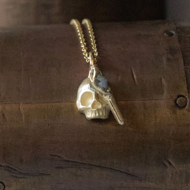 14K Gold Diamond Axe Skull Pendant Necklace