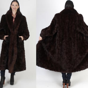 Full Length Dark Brown Mink Coat, Soft Fox Fur Trim, 70s Mahogany Shawl Collar Maxi, Long Real Wedding Overcoat 