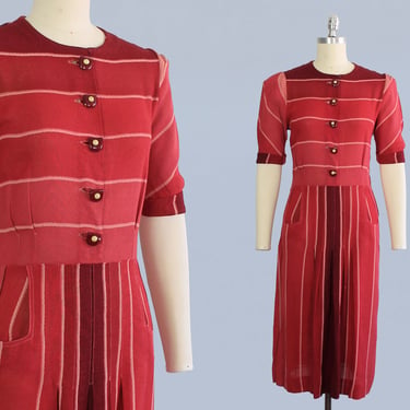 1930s Dress / Late 30s Early 40s Day Dress / Striped Shades of Red Slub Cotton Button Front War Era Dress 