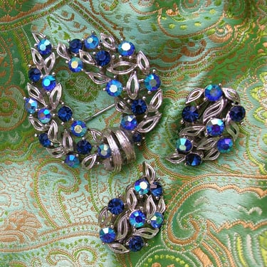 Vintage 1950's Blue Rhinestone Brooch / Earring Set Signed Lisner Demi Parure Sapphire /Aurora Borealis Silver Leaves 