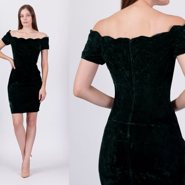 80s Green Velvet Cocktail Party Dress - Small to Medium | Vintage Scalloped Off Shoulder Bodycon Mini Dress 