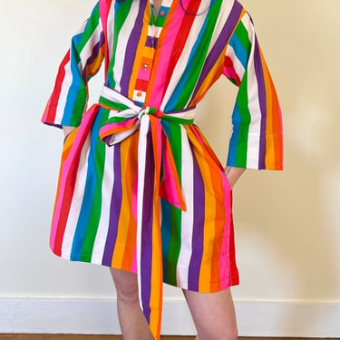 70’s Bright Rainbow Catherine Ogust Polished Cotton Striped Mini Dress Bell Sleeve Tie Belt Scarf