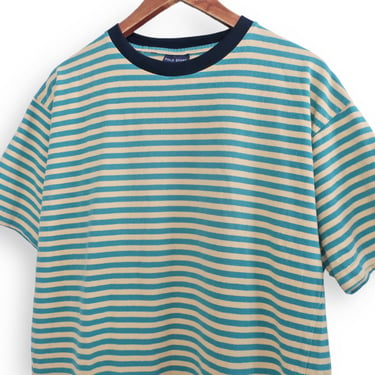 vintage striped shirt / 90s t shirt / 1990s yellow and green heavy cotton striped surfer beach t shirt Medium 