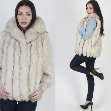 80s Arctic Fox Fur Coat, Vintage Real Ivory Apres Ski Sweater, Convertible Sleeve Vest Jacket 