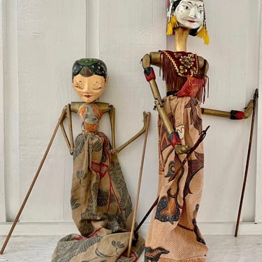 Vintage Wayang Golek Javanese Puppets | Indonesian Rod Stick Folk Art Puppets | 2/Set 